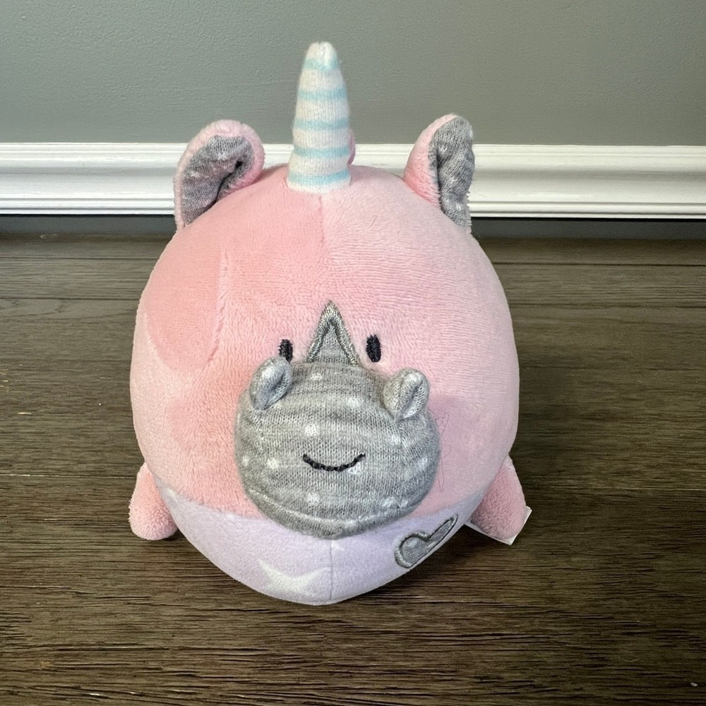 Demdaco Pink Unicorn Plush Round Stuffed Animal Striped Horn Polka Dot Snout